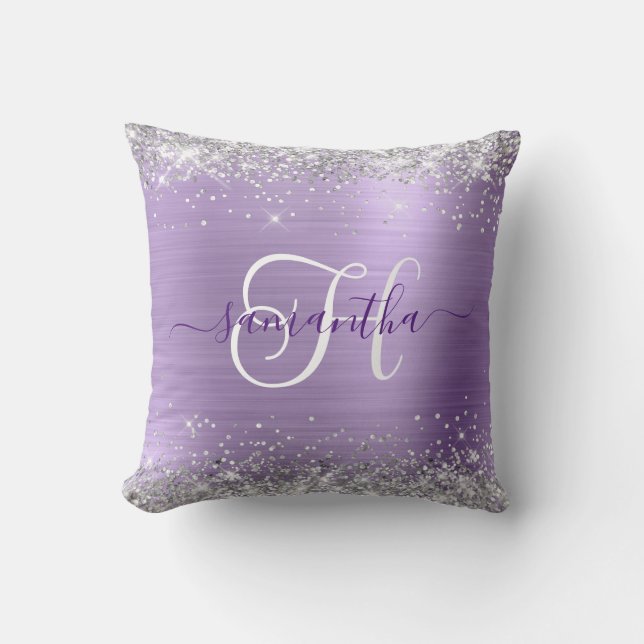 Almofada Prateado Gliteroso e Glamour Monogramado Lilás Cla (Frente)
