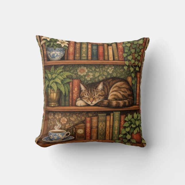 Almofada Prateleira de livros antiga com gato e café (Frente)