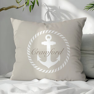 Almofada Preppy Bege e Branco Âncora Náutica Monograma