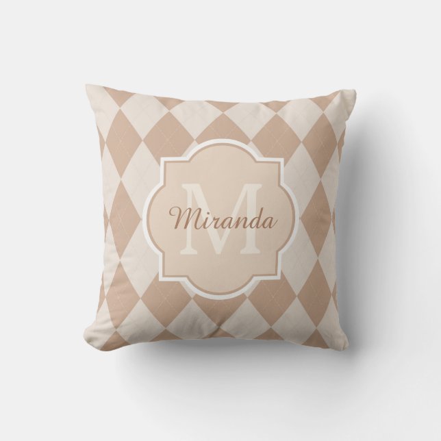 Almofada Preppy Brown Argyle Girly Monograma e Nome (Frente)