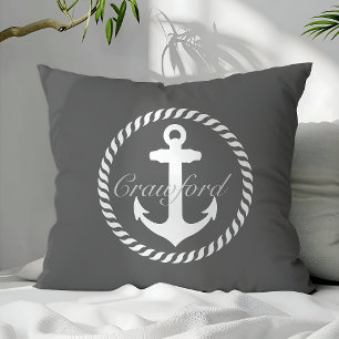 Almofada Preppy Cinza Escuro & Branco Âncora Náutica Monogr