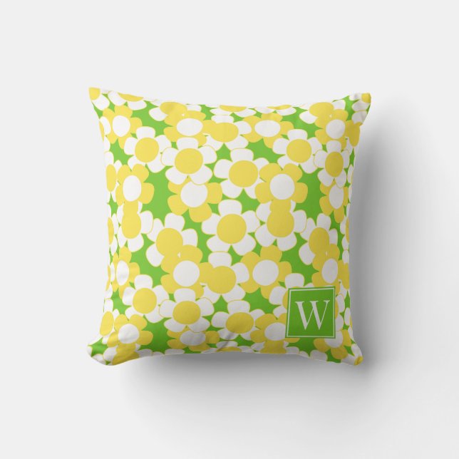 Almofada Preppy Daisy Bloom – Monograma Amarelo e Lima (Frente)