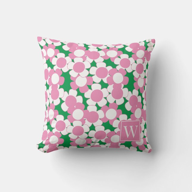 Almofada Preppy Daisy Bloom – Monograma Rosa e Verde (Frente)