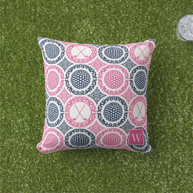 Almofada Preppy Golf Damask - Balls & Clubs Navy & Hot Pink (Grama)