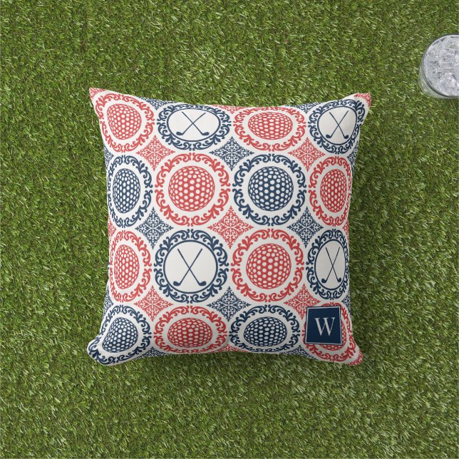 Almofada Preppy Golf Damask - Bolas e Tacões em Azul Marinh (Grama)