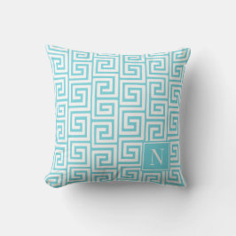 Almofada Preppy Greek Key Monogram – Turquoise & White