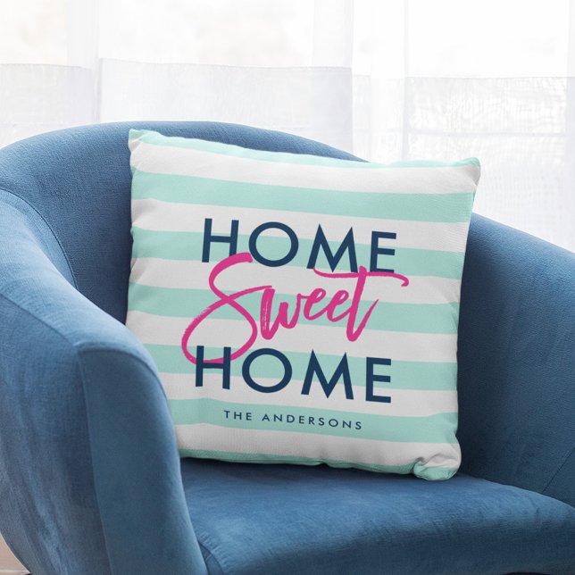 Almofada Preppy Pastel Mint & White Blue Home Sweet Home (Criador carregado)