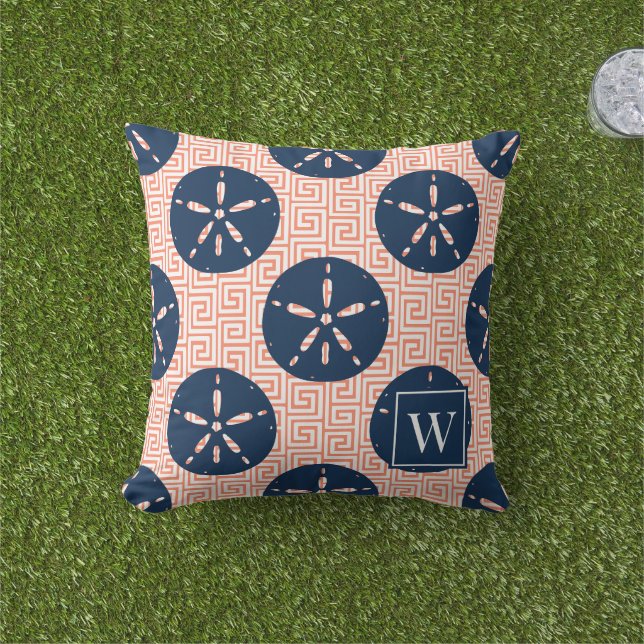 Almofada Preppy Sand Dollar Chave Grega Azul Marinho e Cora (Grama)