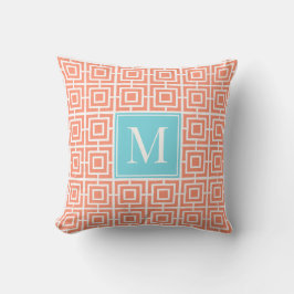 Almofada Preppy Square Lattice Monogram - Coral & Turquoise