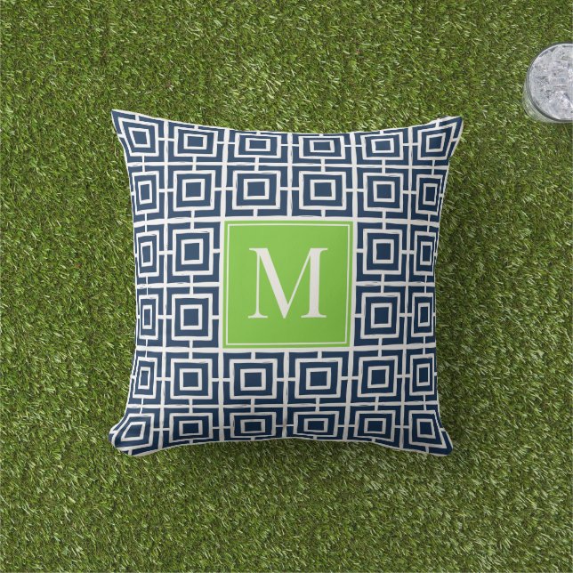Almofada Preppy Square Lattice Monogram – Navy & Lime (Grama)