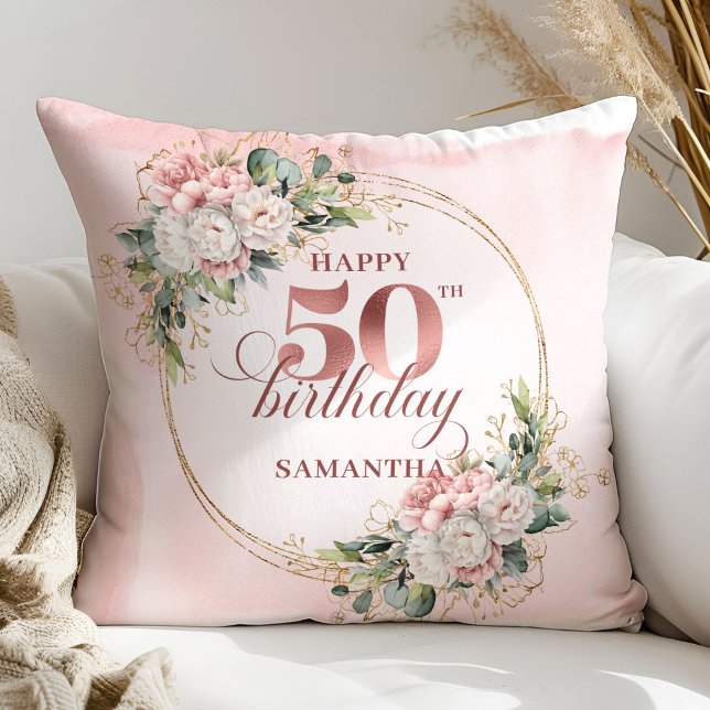 Almofada Presente de 50º Aniversário Floral Blush Dourado R (Elegant Rose Gold Blush Floral 50th Birthday Pillow Gift

)