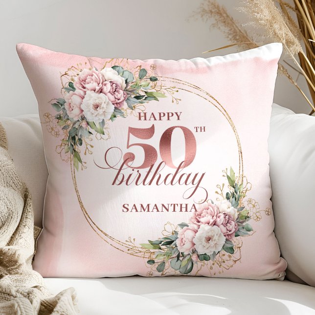 Almofada Presente de 50º Aniversário Rosa Dourado Pastel co (Pastel Pink Rose Gold Greenery 50th Birthday Pillow Gift)