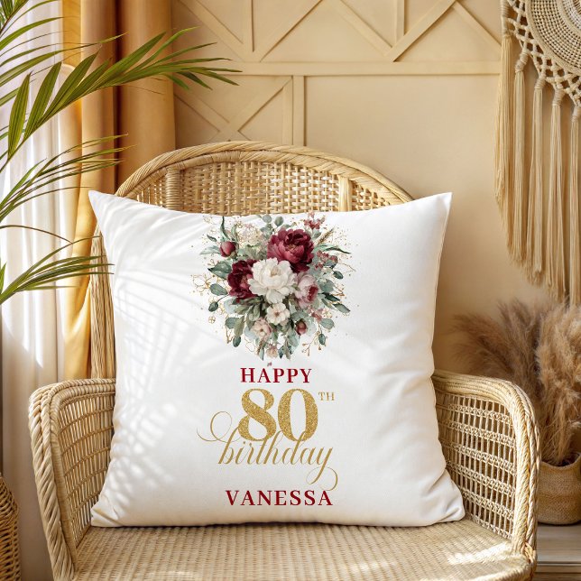 Almofada Presente de 80º Aniversário Botânico Burgundy Blus (Botanical Burgundy Blush 80th Birthday Gift)