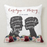 Almofada Presente de Casamento de Preconceito de Orgulho Fl<br><div class="desc">VINTAGE MODERNO MEETS - Ideia perfeita de presente para recém-casados! Esta bela almofada apresenta uma pintura feita de aquarela floral em burgundy, marinho e blush elegantemente combinado com silhuetas vintage de Elizabeth Bennet e Darcy, duas das personagens mais amadas e icônicas da literatura inglesa, do romance romântico "Orgulho e Preconceito"...</div>