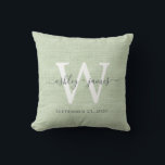 Almofada Presente de casamento em linho verde com monograma<br><div class="desc">Elegante almofada de casamento com efeito de linho tecido verde e seu texto em cinza escuro com caligrafia manuscrita chic. Basta adicionar seus nomes, monograma e data de casamento. Ótimo presente para um casal recém-casado. Exclusivamente desenhado para si pela Happy Dolphin Studio. Se precisar de ajuda ou produtos correspondentes, contacte-nos...</div>