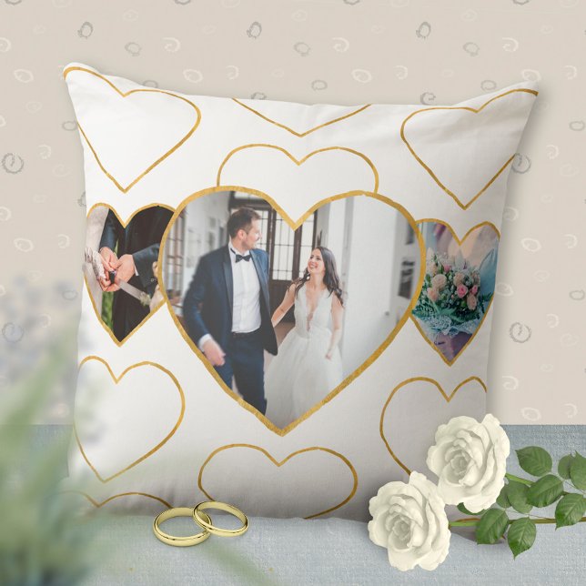 Almofada Presente de Corações Dourados de Amor de Casamento (Multi Photo Wedding Love Golden Hearts Gift Throw Pillow ©Susanne Sachers - Sunny Mind Design)