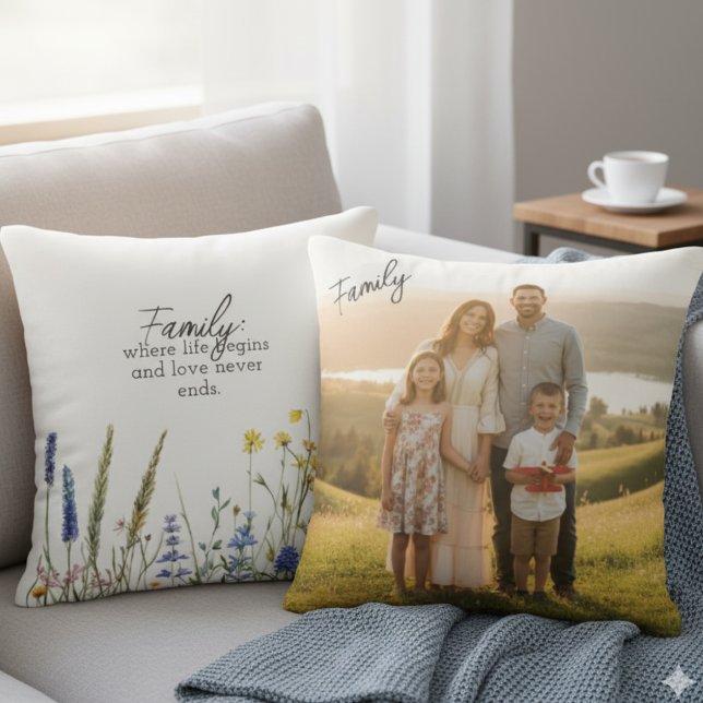 Almofada Presente de Foto Botânica de Flor Silvestre com Ci (Floral family photo and quote pillow)