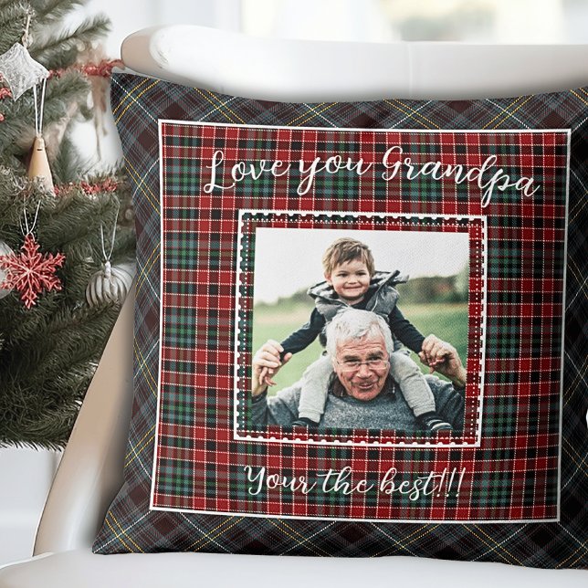 Almofada Presente de Foto do Avô da Xadrez russa (Rustic Plaid Grandpa Photo Gift Throw Pillow)