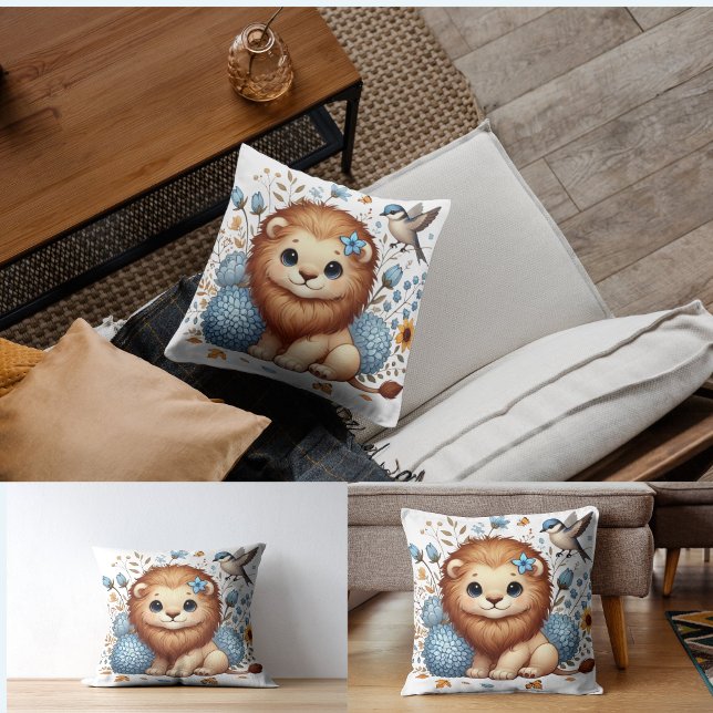 Almofada Presente de Leão e Flores Azuis (Criador carregado)