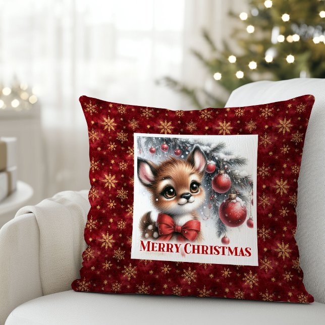 Almofada Presente de Natal de Água-forte de Bebê Cervo Pací (Peaceful Baby Deer Watercolor Snowy Gift Christmas pillow)
