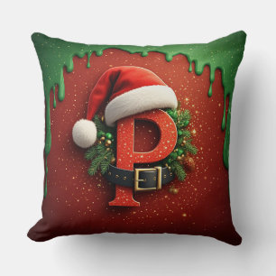 Almofada Presente de Natal Monograma P com Chapéu de Papai 