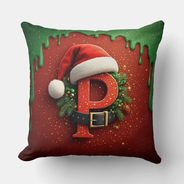 Almofada Presente de Natal Monograma P com Chapéu de Papai  (Frente)