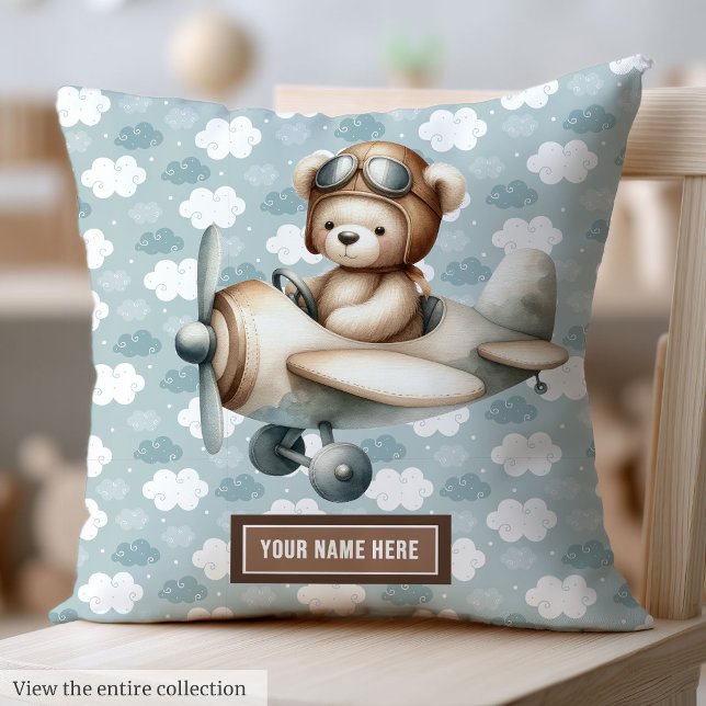 Almofada Presente personalizado de Travesseiro Piloto de Ur (Boy Baby Shower Pillow with Teddy Pilot Design)