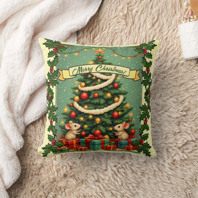 Almofada Presentes de Ratos de Natal Vitoriano Azevinho Ver (Cobertor)