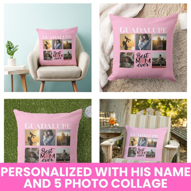Almofada Presentes do Dia das Mães Colagem de Fotos com Rót (Mothers Day Gifts Photo Collage Monogrammed Script Throw Pillow)