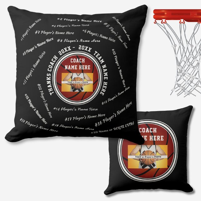 Almofada Presentes personalizados brancos pretos para trein (Thank you gifts for basketball coaches. Black and White, Basketball Pillow, all player's names.)