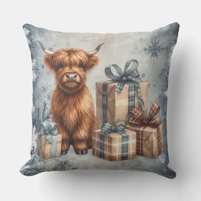 Almofada Presentes Vaca Highland Inverno Azul (Frente)