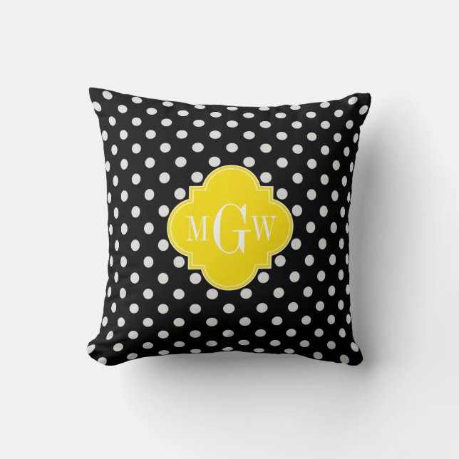 Almofada Preto Branco Bolinhas Amarelo Quatrefoil 3 Monogra (Frente)