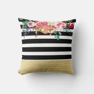 Almofada Preto Branco Dourado Moderno Floral Glam Chic Glam