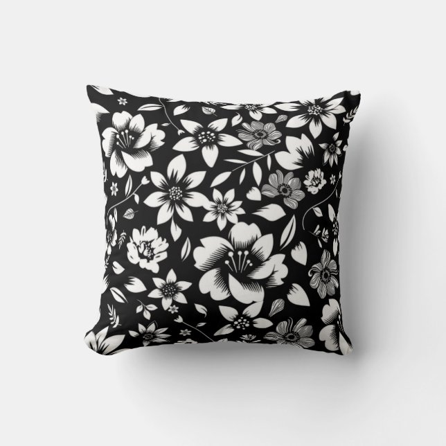 Almofada Preto Branco Folhas Florais Modernas Soprando (Frente)