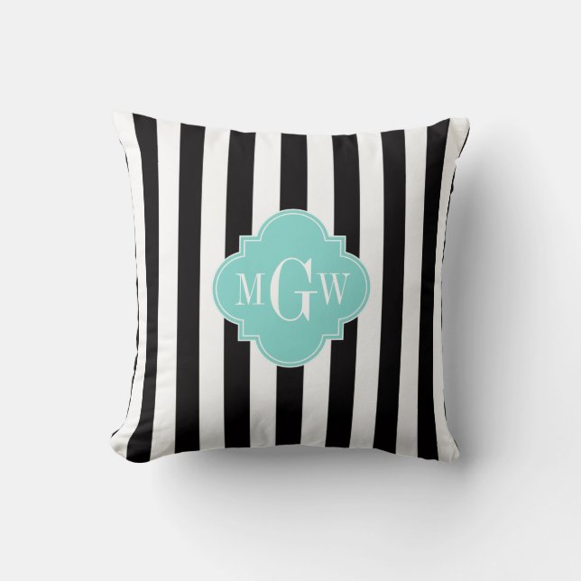 Almofada Preto Branco Listra Turquesa Quatrefoil 3 Monogram (Frente)