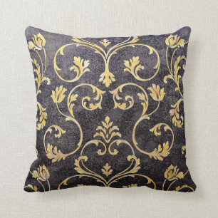 Almofada Preto chique elegante do vintage e damasco floral
