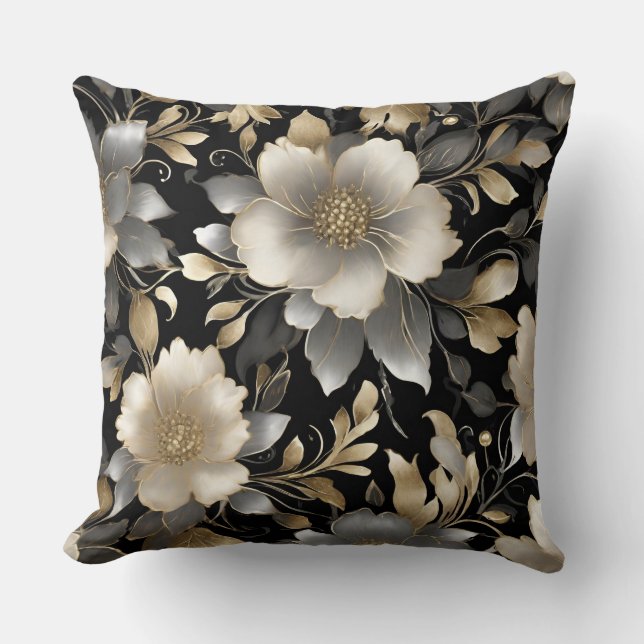 Almofada Preto Cinza Dourado Branco Floral (Frente)
