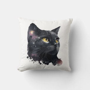 Almofada Preto Cósmico Gato Aquarela Fresco Noite Felino