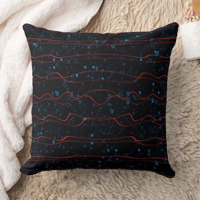 Almofada Preto e Azul com Linhas Vermelhas Onduladas (Cobertor)