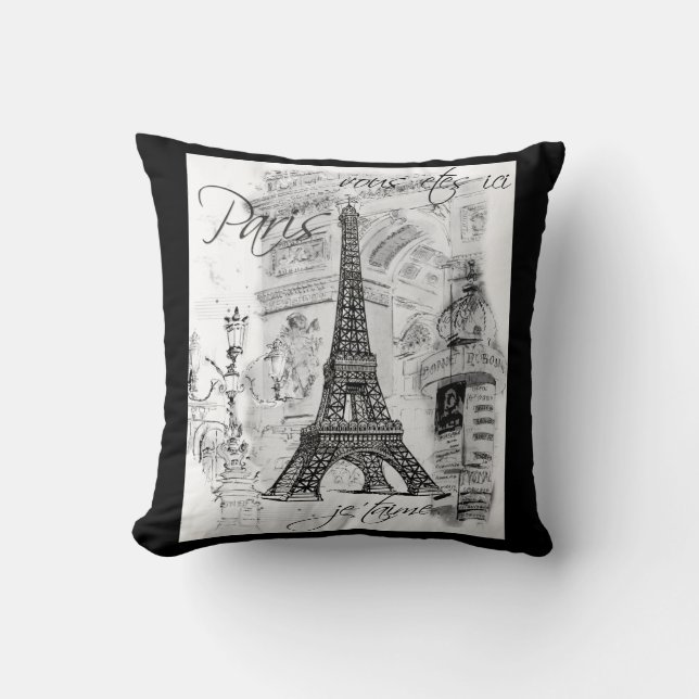 Almofada Preto e Branco da Torre Eiffel de Paris (Frente)
