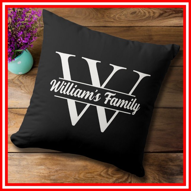 Almofada Preto e Branco | Monograma de Nome da Família Simp (Criador carregado)