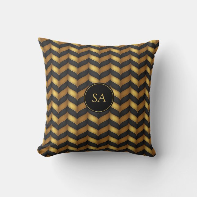 Almofada Preto e Dourado Chevron com Monograma Personalizad (Frente)