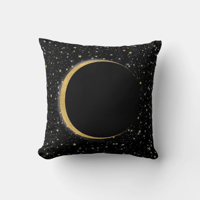 Almofada Preto e Dourado Lua Celestial Magia Estrelas Lunar (Frente)