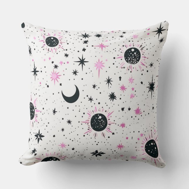Almofada Preto e Rosa Celestial Sol Lua Estrelas (Frente)