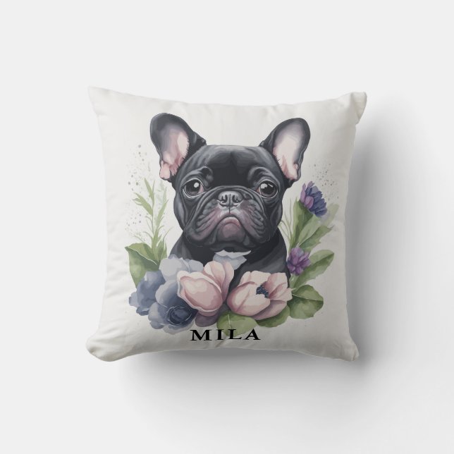 Almofada Preto Personalizado Francês Pug Cachorro Aquarela (Frente)