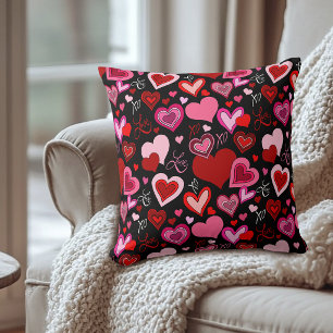 Almofada Preto Rosa Vermelho Corações Amor Padrão