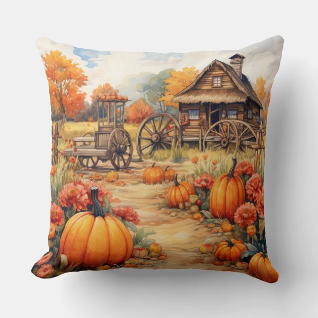 ALMOFADA PRETTY FALL FARMHOUSE AND ORANGE PUMPKINS (Frente)