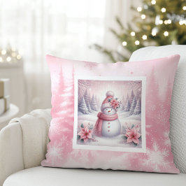 Almofada Pretty Pink Snow Scene Pillow Sweet Snowman