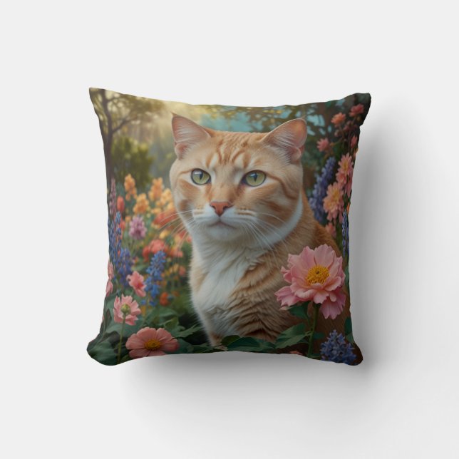 Almofada Pretty white orange cat in floral garden (Frente)