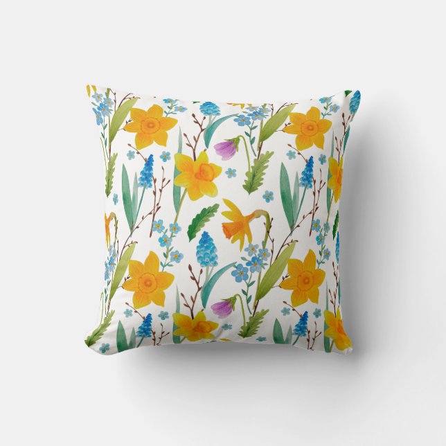 Almofada Primavera amarelo Daffodil flor azul decorativo (Frente)
